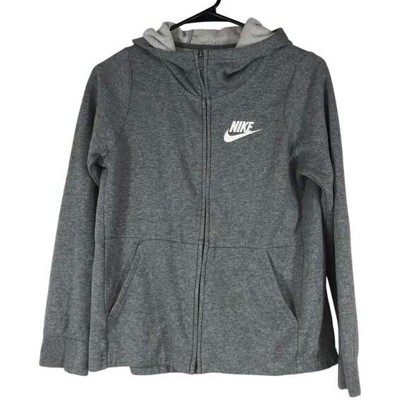 NIKE - GIRLS LARGE - GRAY FULL ZIP COTTON BLEND HOODED SWEATSHIRT - CD7533-091 - Picture 1 of 8